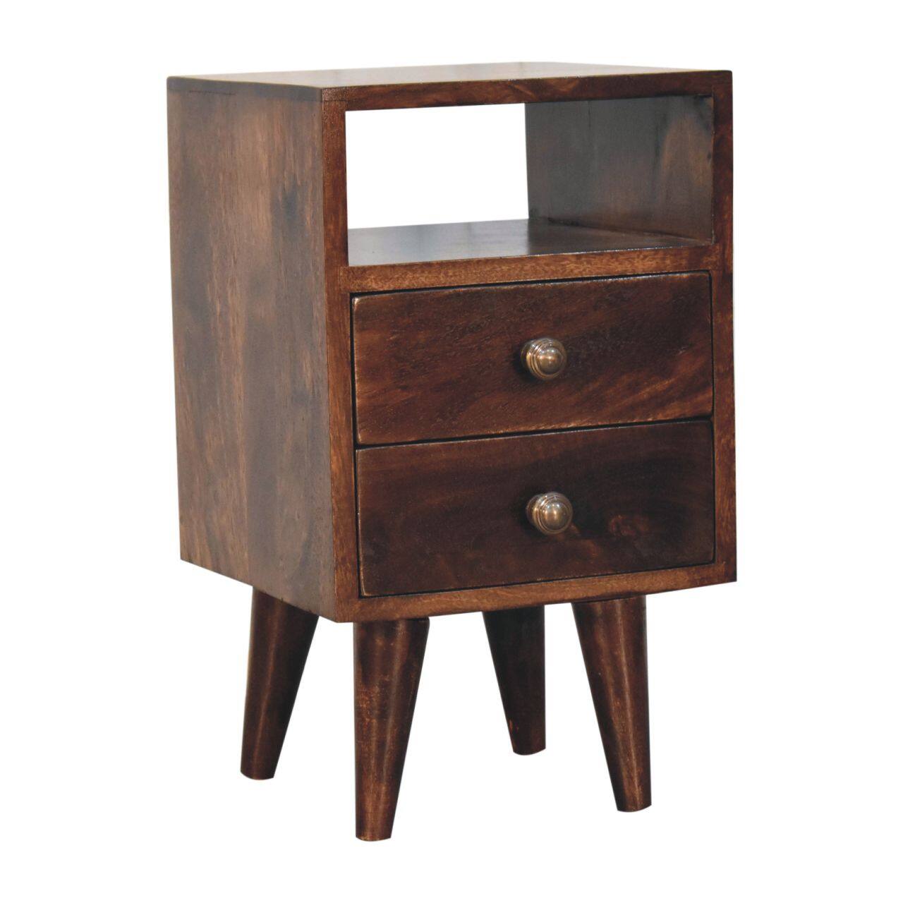 Angle. Artisan Furniture - Artisan Furniture Solid Wood Mini Classic California Walnut Bedside, 2 Drawers, 1 Open Slot, Nordic Legs, Dark Brown - Walnut Finish.