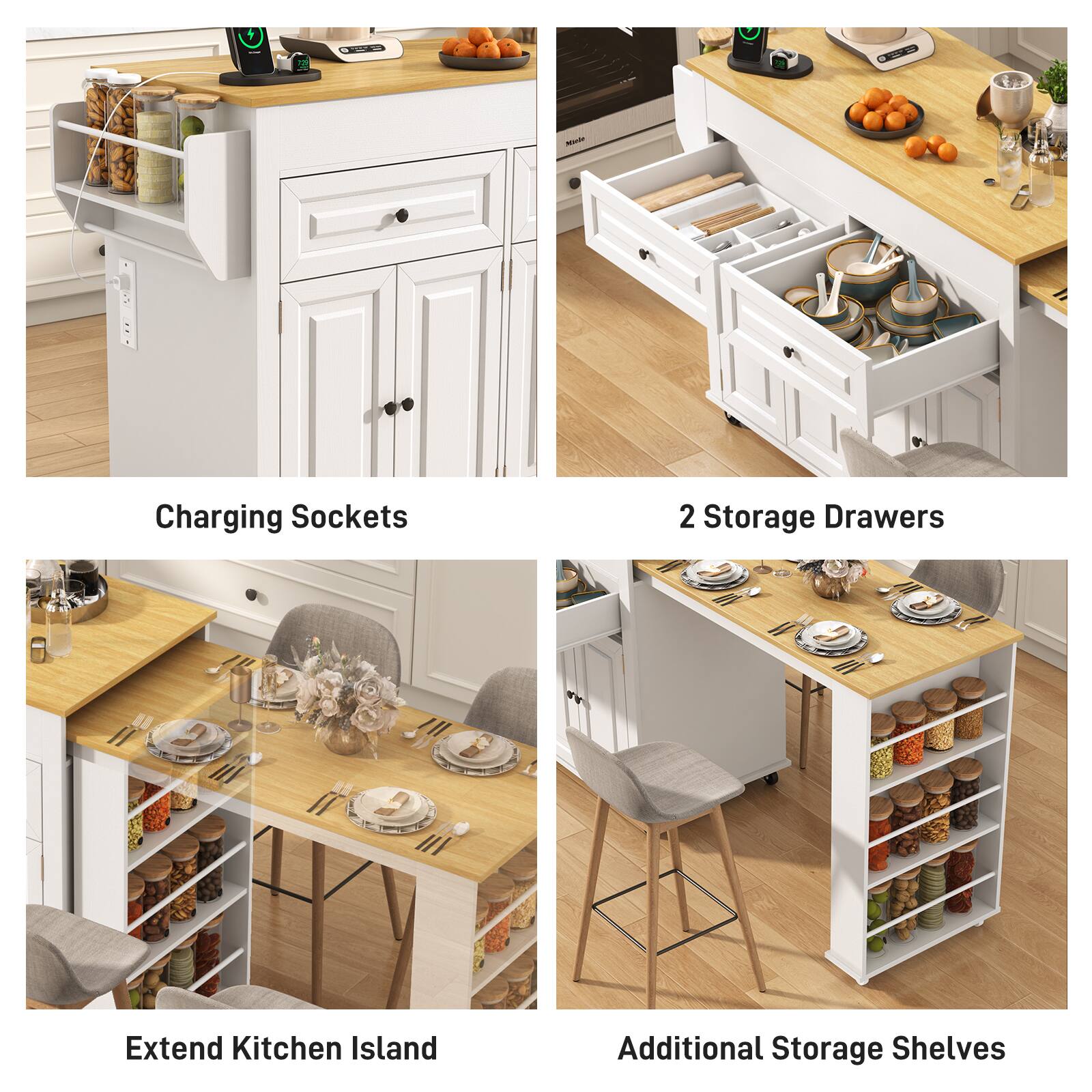 - Charging Sockets
- 2 Storage Drawers
- Extend Kitchen Island
- Additional Storage Shelves