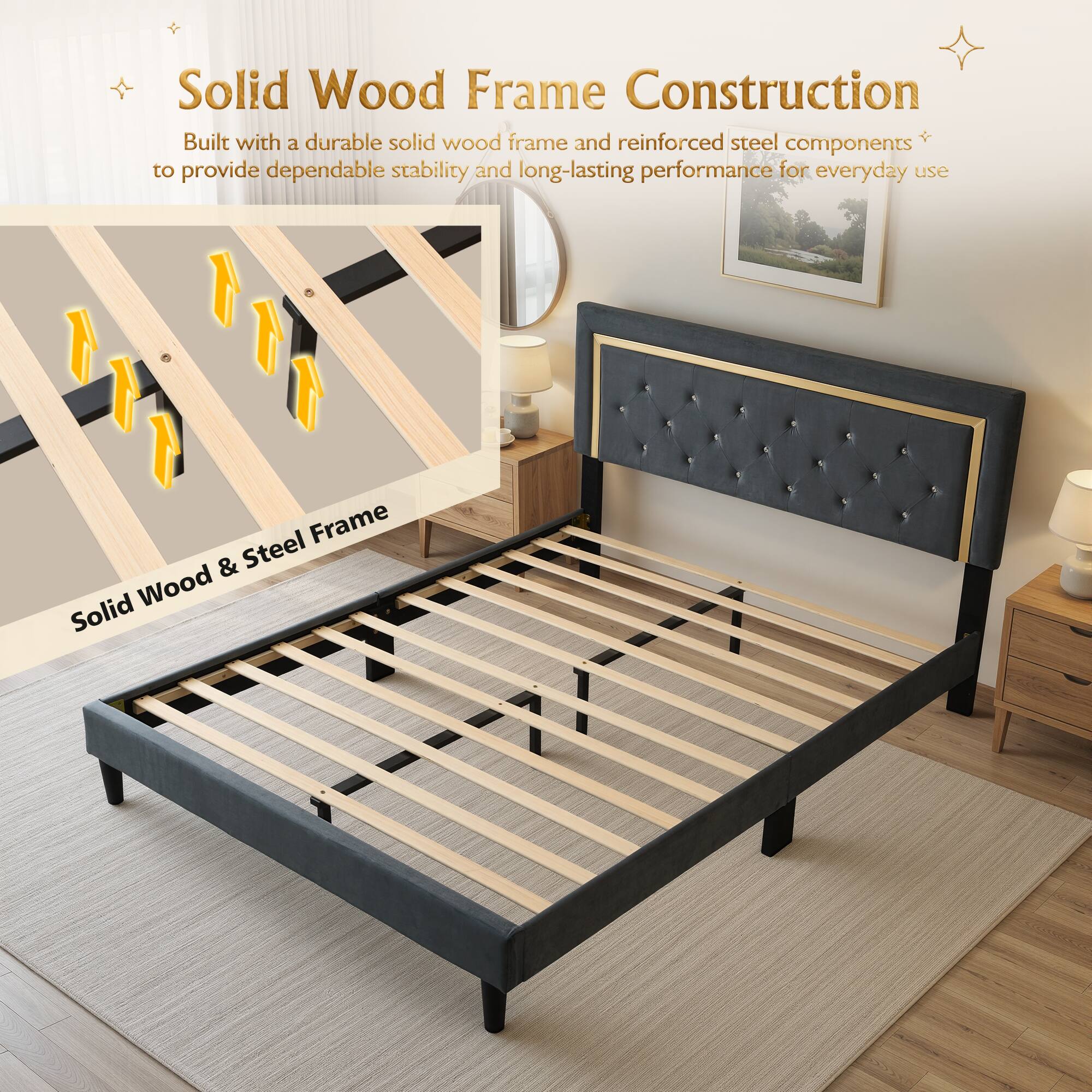 Solid Wood Frame Construction  
Built with a durable solid wood frame and reinforced steel components to provide dependable stability and long-lasting performance for everyday use  

Solid Wood & Steel Frame