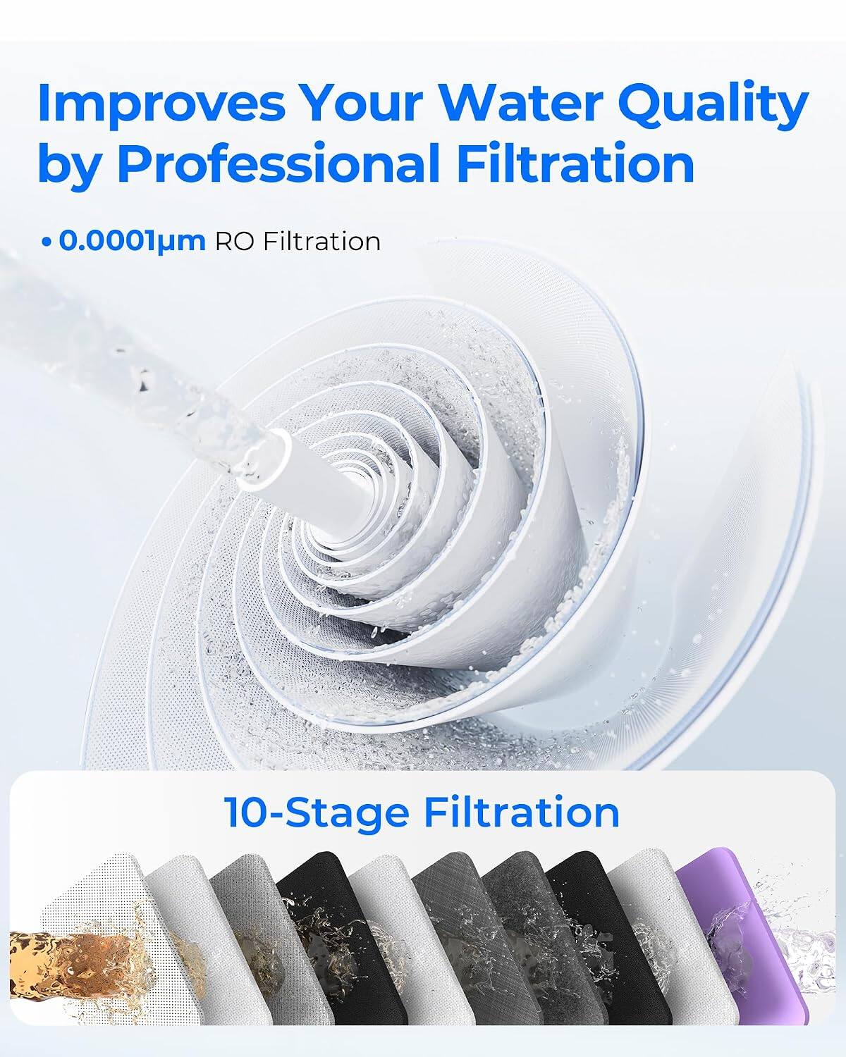 Improves Your Water Quality by Professional Filtration  
- 0.0001µm RO Filtration  
10-Stage Filtration