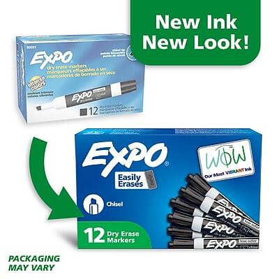80001 EXPO dry erase markers  
marquadores de borrado en seco  
marqueurs effaçables  
EXPO 12  
New Ink New Look!  
EXPO WOW VIBRANT Ink  
Our Most Vibrant Ink  
Easily Erases  
Chisel  
EXPO 12 Dry Erase Markers  
PACKAGING MAY VARY