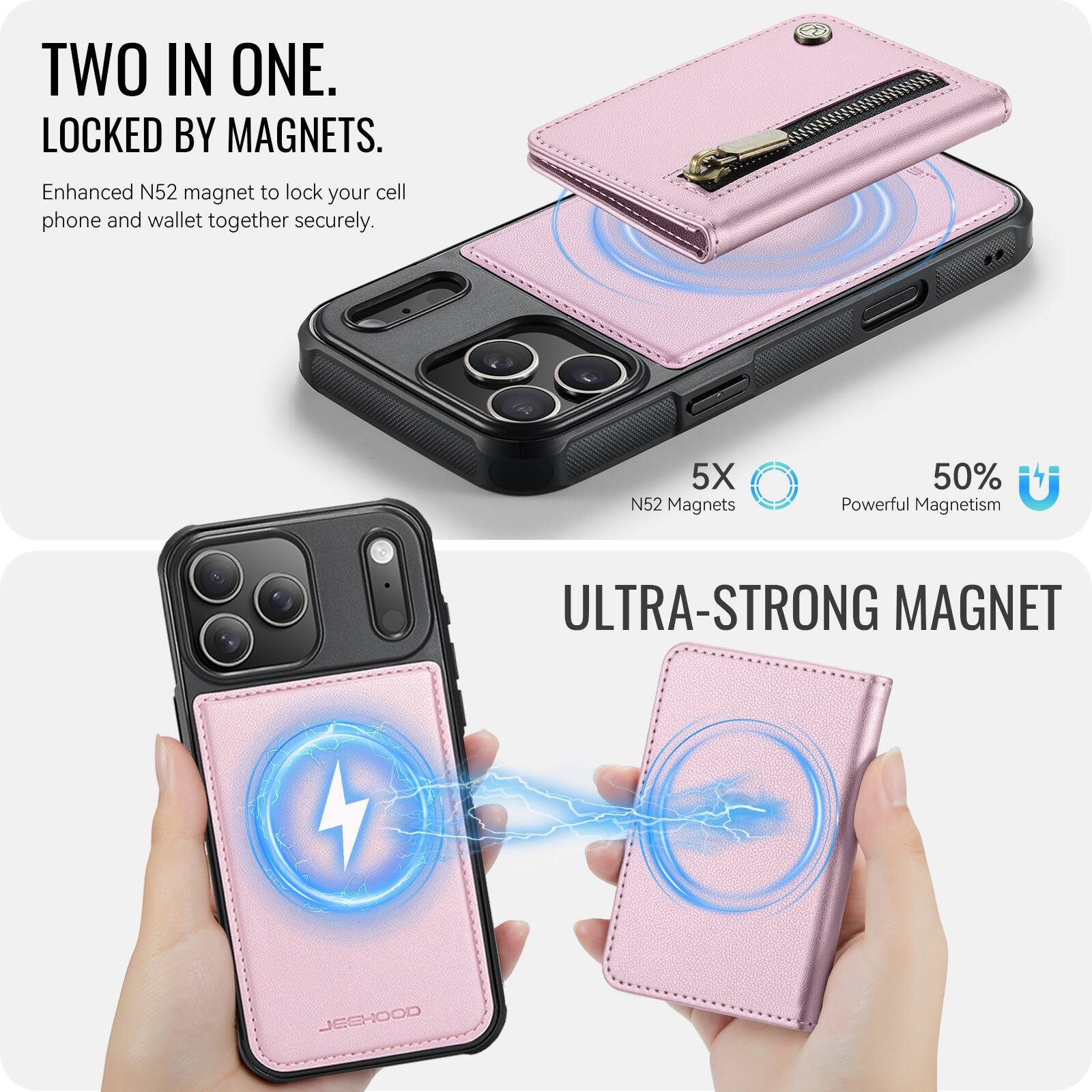 TWO IN ONE.  
LOCKED BY MAGNETS.  
Enhanced N52 magnet to lock your cell phone and wallet together securely.  

5X N52 Magnets  
50% Powerful Magnetism  

ULTRA-STRONG MAGNET