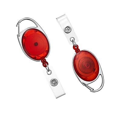 Front. Staples - Carabiner Name Badge Reels, 30" Retractable Cord Length, Metal, 10/Pack - Red.