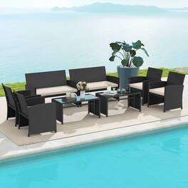 Gymax - Set of 8 Patio Conversation Set w/Seat Cushions & Tempered Glass Tabletop Porch Outdoor - White
