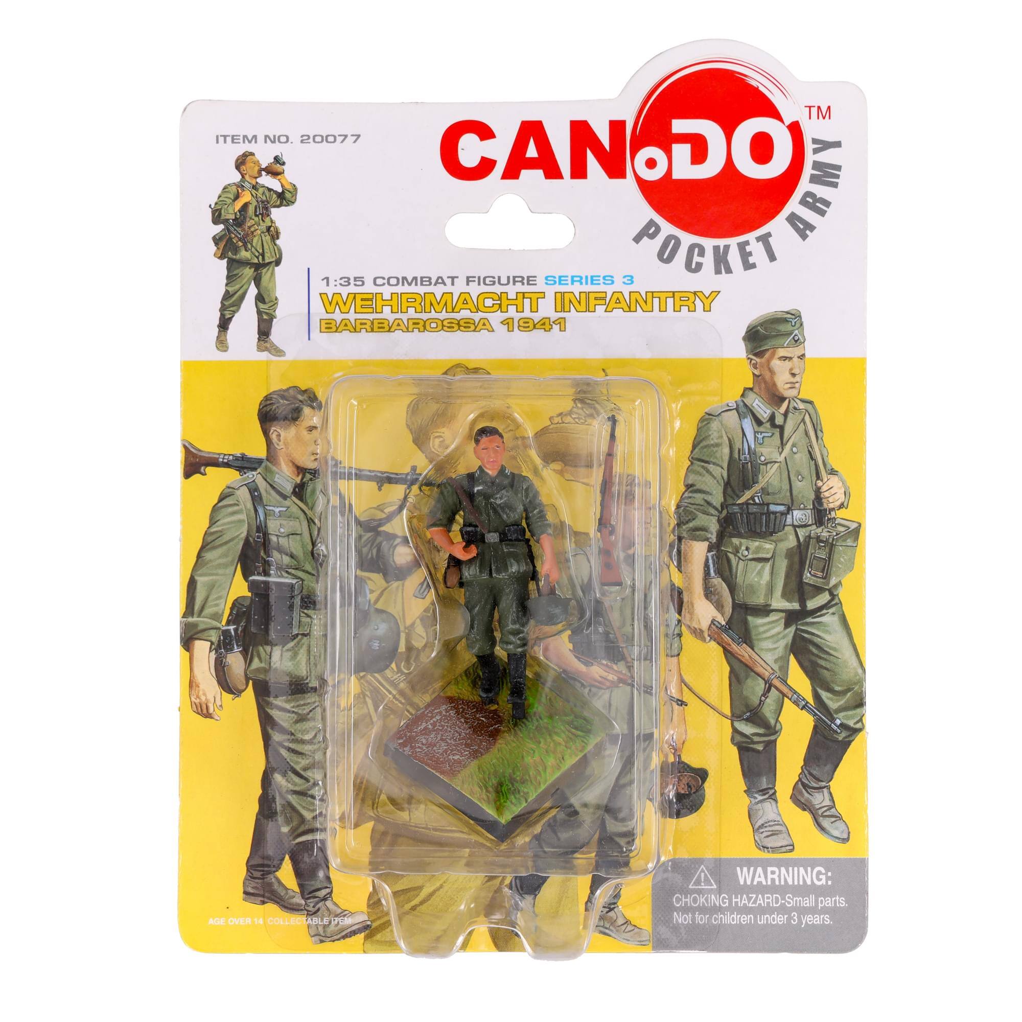 CAN DO  
POCKET ARMY  

ITEM NO. 20077  

1:35 COMBAT FIGURE SERIES 3  
WEHRMACHT INFANTRY  
BARBAROSSA 1941  

WARNING: CHOKING HAZARD - Small parts. Not for children under 3 years.  

AGE OVER 14 COLLECTABLE FIGURE