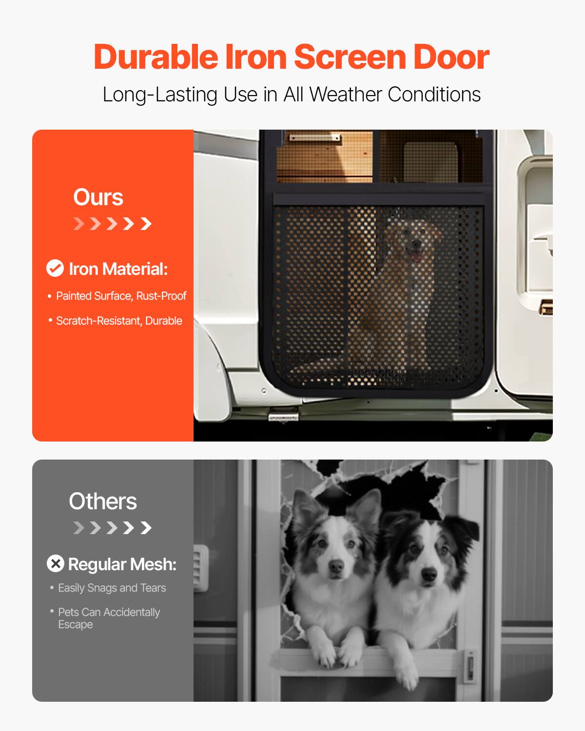 Durable Iron Screen Door  
Long-Lasting Use in All Weather Conditions  

**Ours**  
Iron Material:  
- Painted Surface, Rust-Proof  
- Scratch-Resistant, Durable  

**Others**  
Regular Mesh:  
- Easily Snags and Tears  
- Pets Can Accidentally Escape