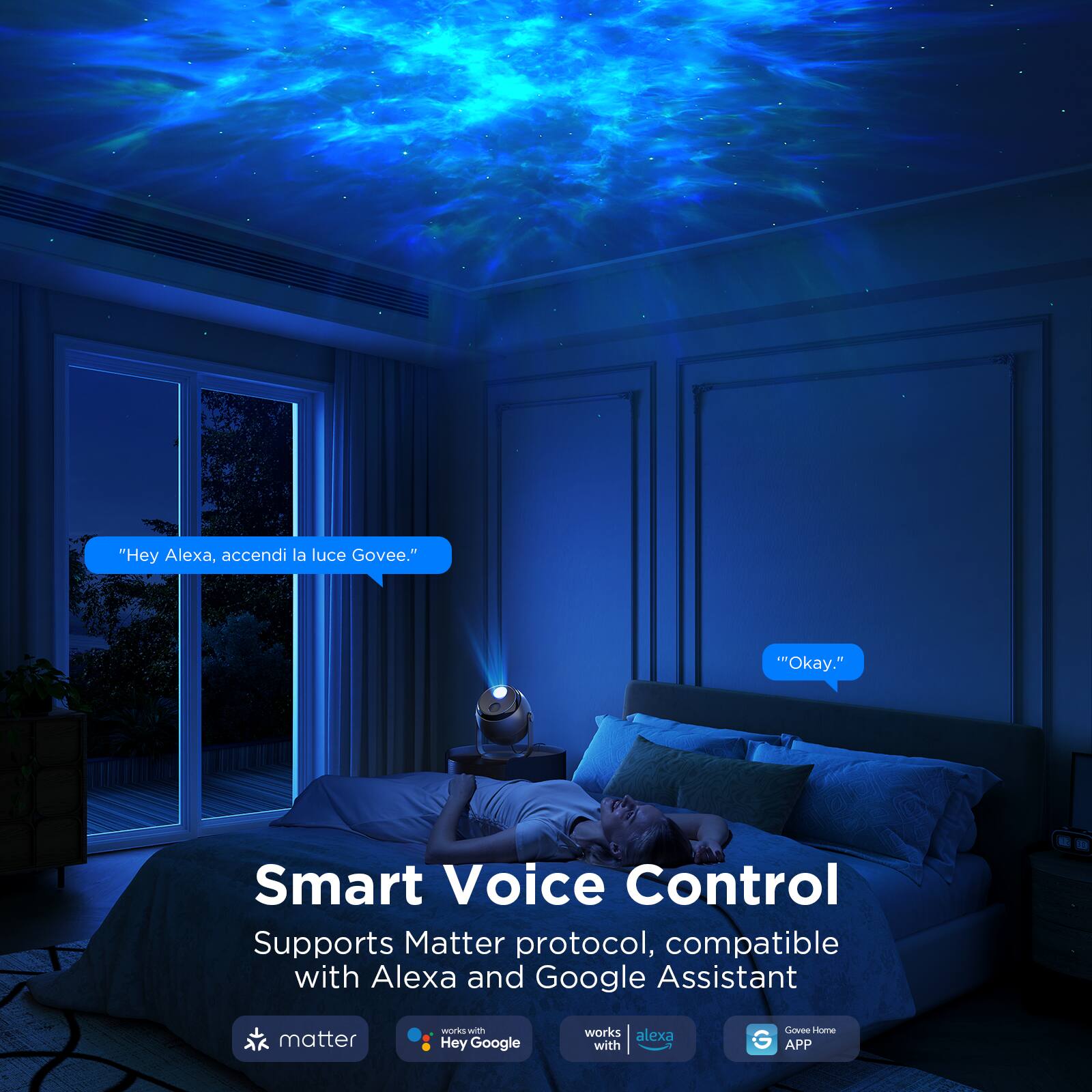 "Hey Alexa, accendi la luce Govee."  
"Okay."  

Smart Voice Control  
Supports Matter protocol, compatible with Alexa and Google Assistant  

- matter  
- works with Hey Google  
- works with Alexa  
- Govee Home APP