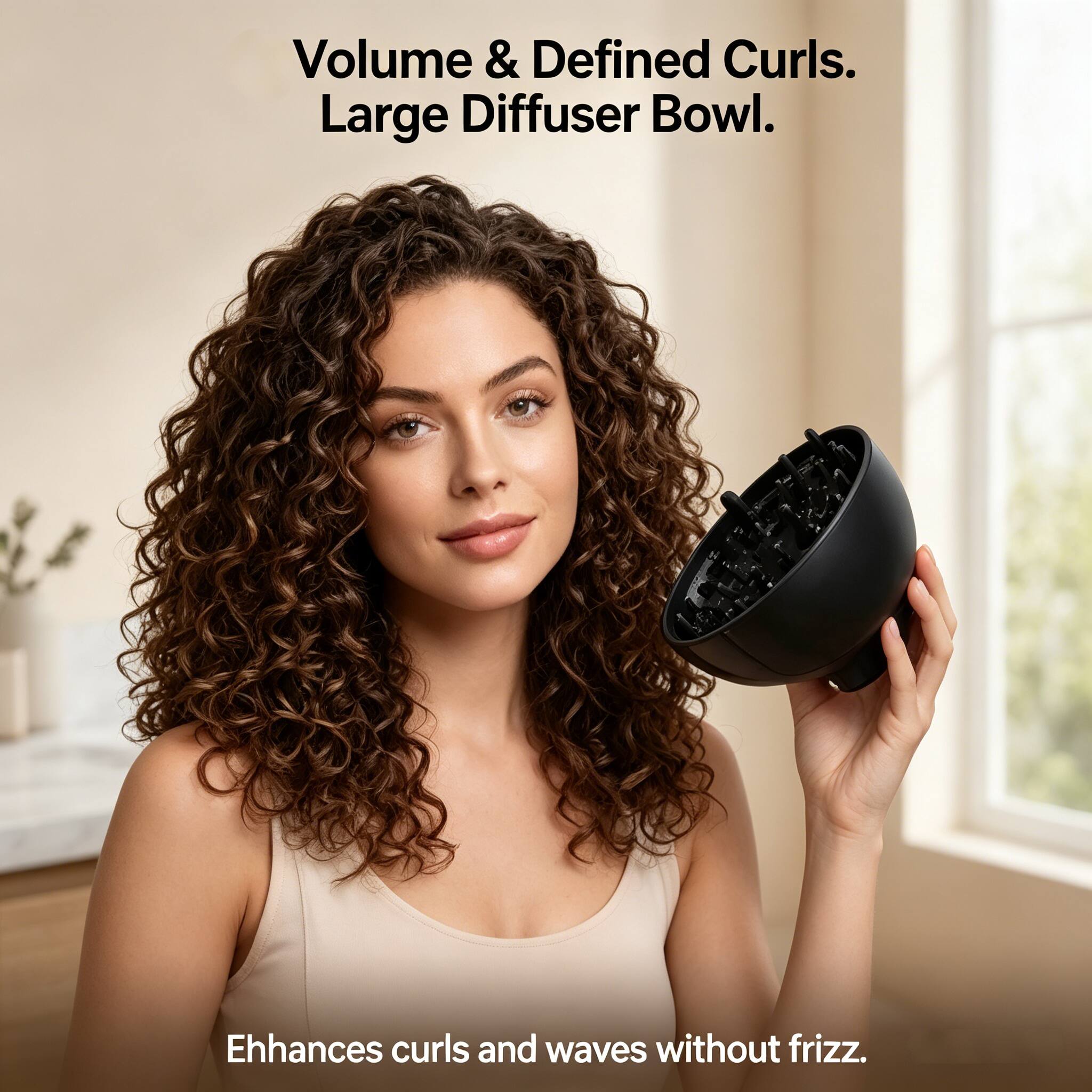 Volume & Defined Curls. Large Diffuser Bowl. Enhances curls and waves without frizz.