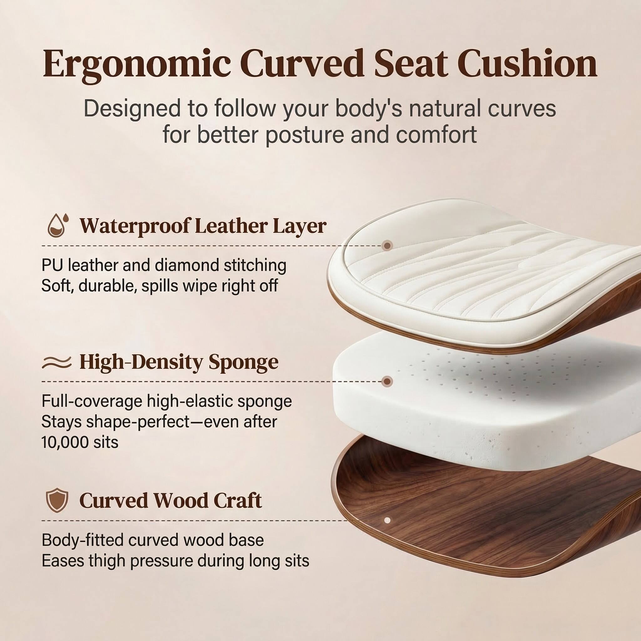 Ergonomic Curved Seat Cushion  
Designed to follow your body's natural curves for better posture and comfort  

Waterproof Leather Layer  
PU leather and diamond stitching  
Soft, durable, spills wipe right off  

High-Density Sponge  
Full-coverage high-elastic sponge  
Stays shape-perfect—even after 10,000 sits  

Curved Wood Craft  
Body-fitted curved wood base  
Eases thigh pressure during long sits