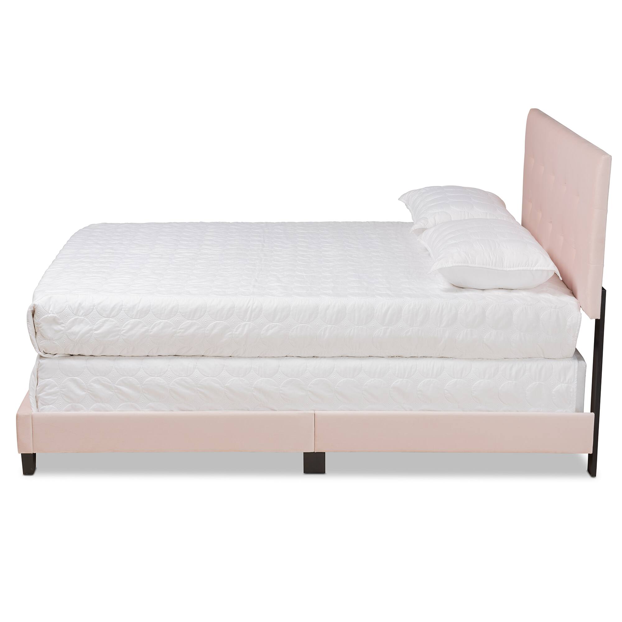 Angle. Baxton Studio - Caprice Modern and Contemporary Glam Velvet Fabric Upholstered Panel Bed - Light Pink/Black.