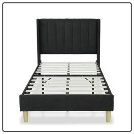 Hivvago - Twin size Mid-Century Linen Platform Bed Frame with Upholstered Headboard - Black