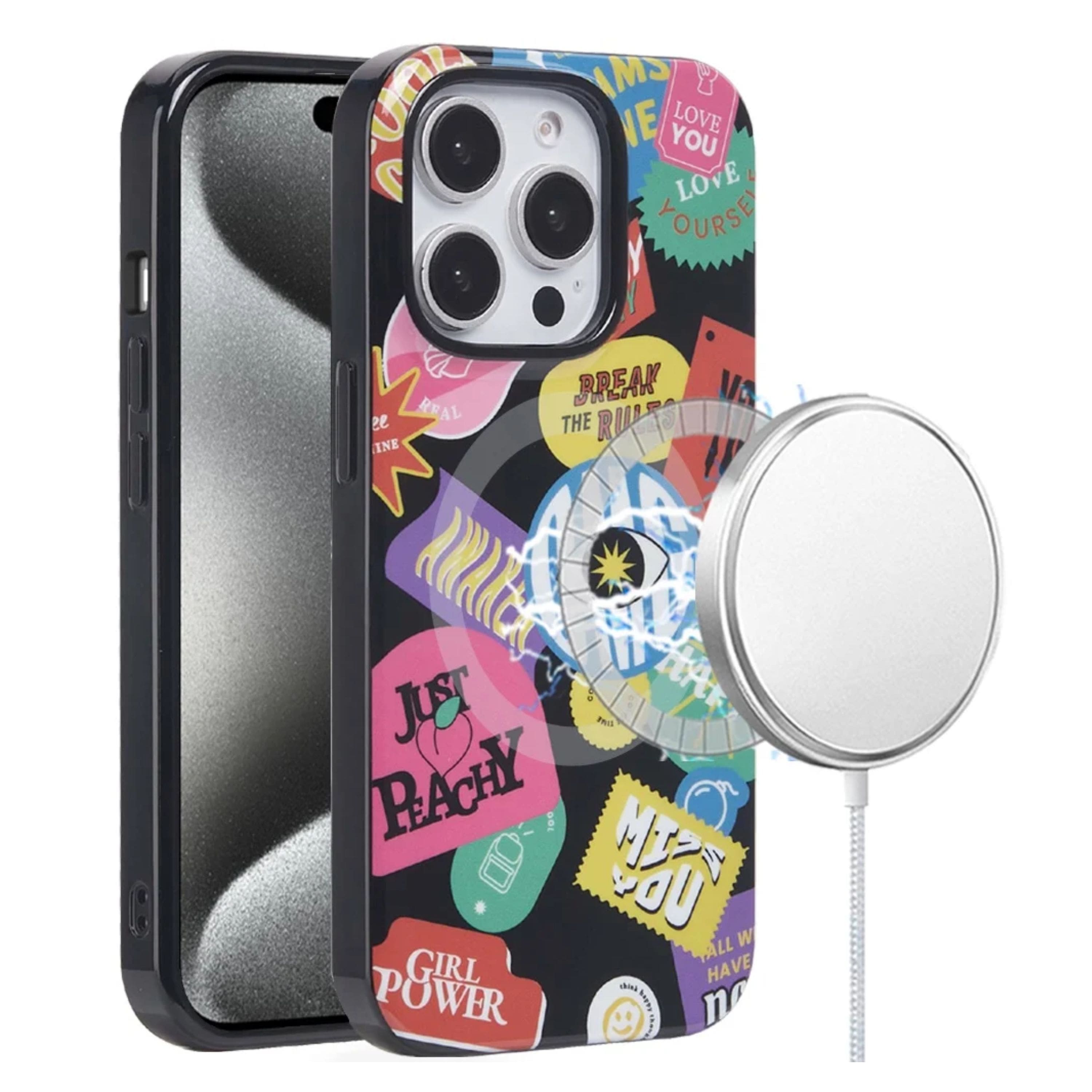 Kitcheniva - Fashion Rebel Design Dual Layer TPU Magnetic Circle Phone Case With 2 Pcs Tempered Glass For iPhone 15 Pro Max - Multicolor