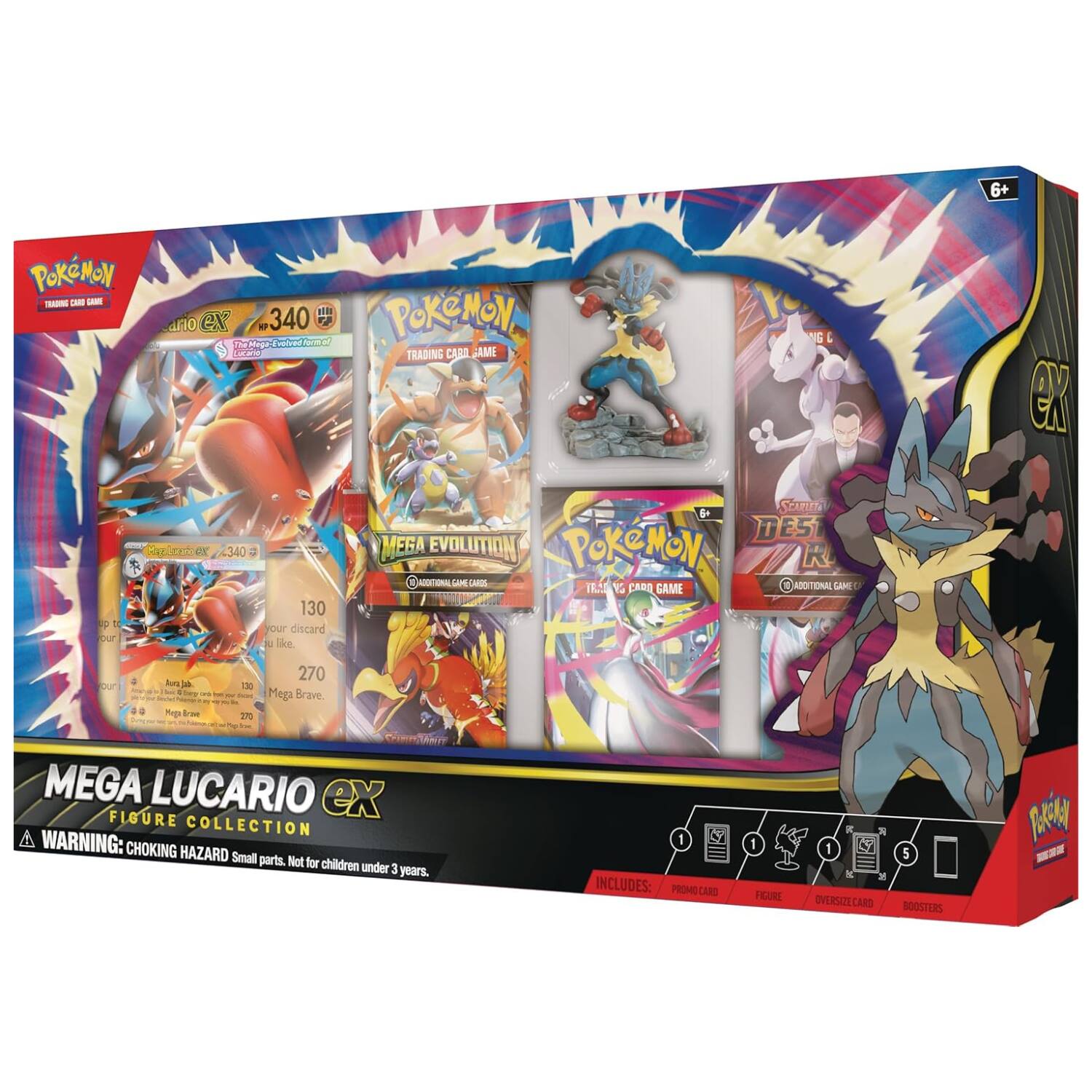 6+ POKEMON - CARS LARE ano ex 340 (Hoga Calver E POKEMON TRADING CAR AME NG GX FF bur Paizn Dr 4340 a 130 your discard like SCAPE DES MEGA EVOLUTION POKEMON R NaTONL CAROS ADD TEM LEM I N2 CARO GAME pur a a 0 hun - - Poga Tae 130 - - - 2 270 Mega Brave MEGA LUCARIO ex FIGURE COLLECTION A WARNING: CHOKING HAZARD Small parts. Not for children under 3 years. 1 INCLUDES: PROMO CARD 1 FIGURE 1 OVERSIZE CARD 5 BOOSTERS