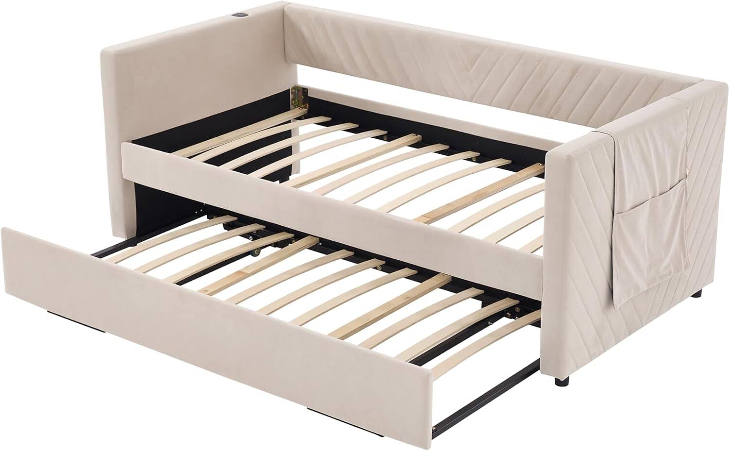 Alt View 4. Trinkets Crazed - Twin Daybed with Pop Up Trundle, Velvet Upholstered Extendable Daybed with USB Ports & Pockets - beige.