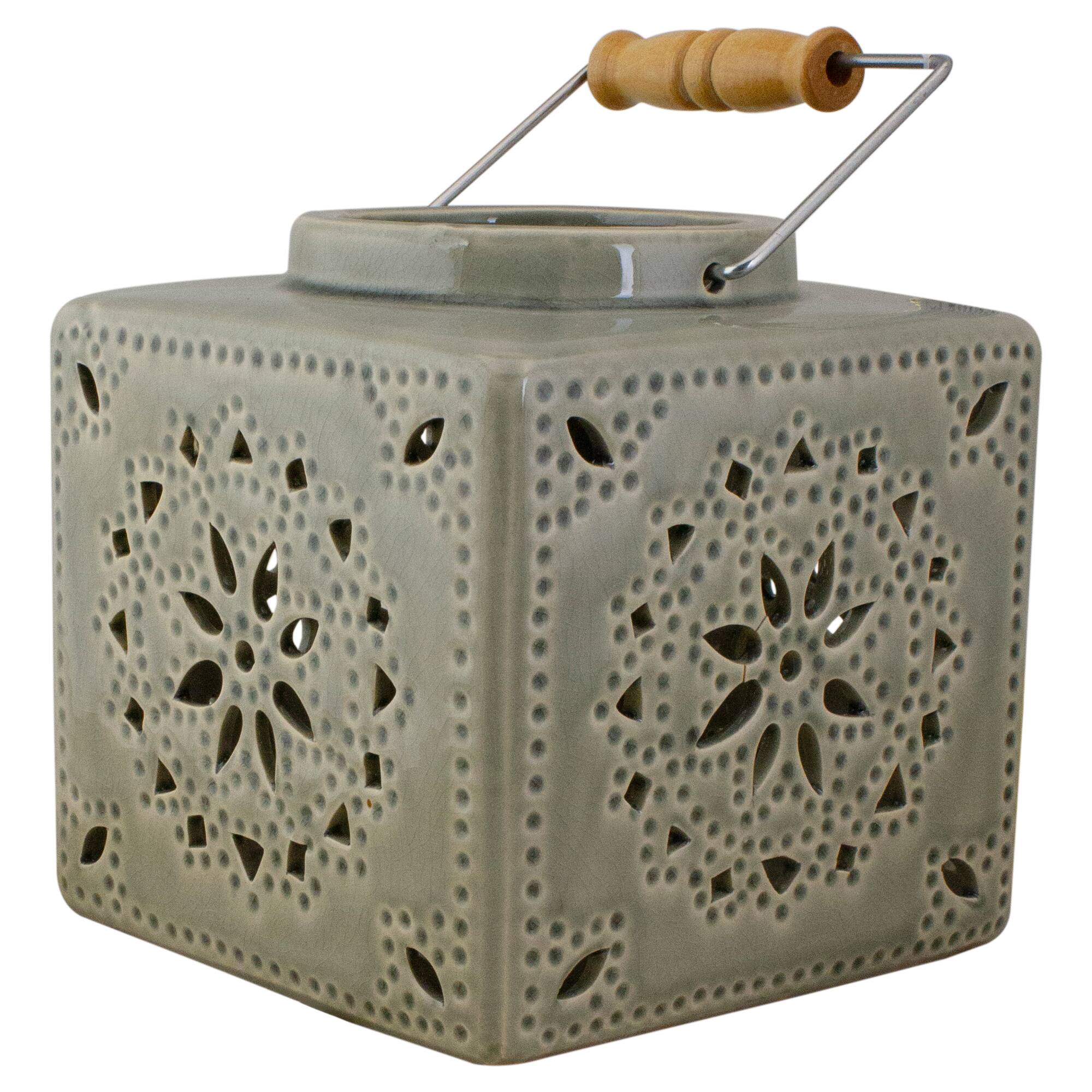 Front. Koopman International - 6.75" Light Olive Green Square Crackle Finish Mosaic Cut Out Lantern - Green.