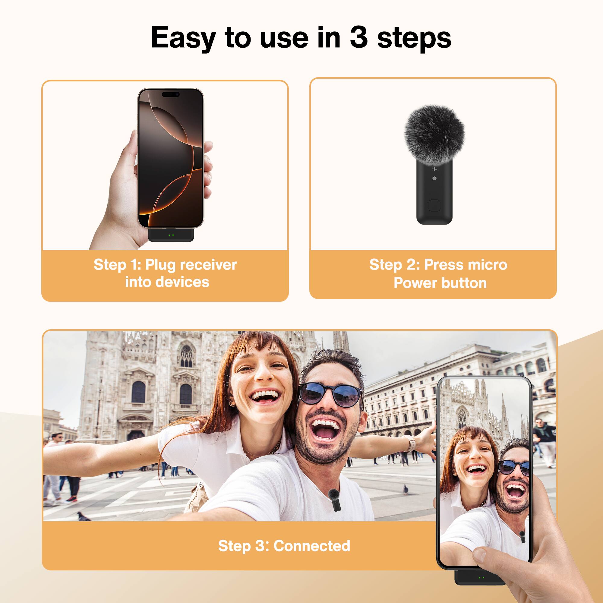 Easy to use in 3 steps:
1. Step 1: Plug receiver into devices
2. Step 2: Press micro Power button
3. Step 3: Connected