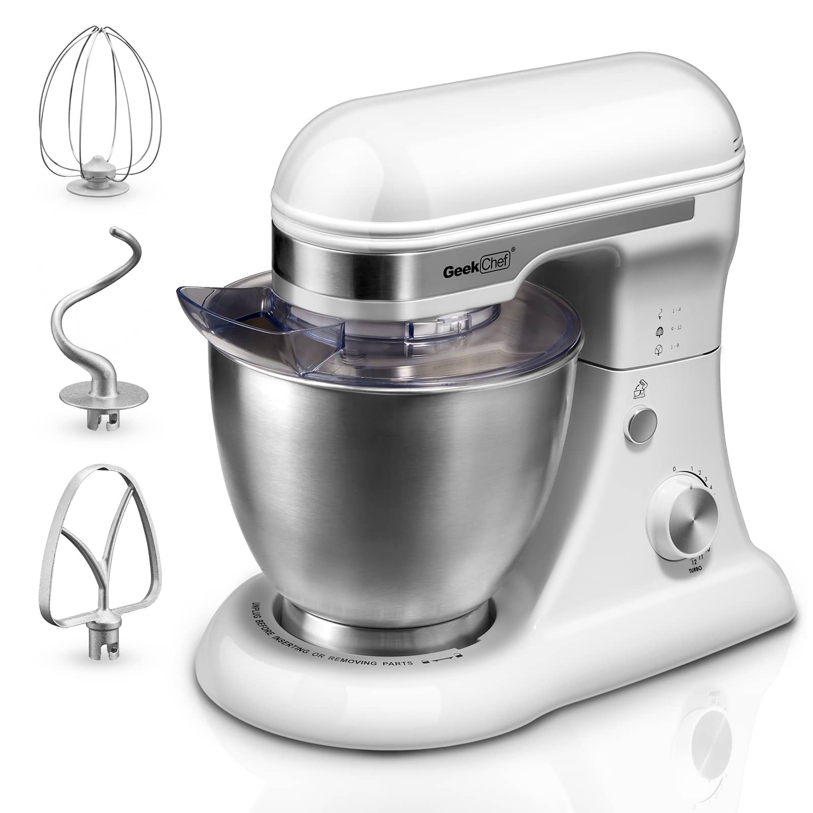 Chery Life - 4.8QT 12 Speeds Tilt-head Food Electric Stand Mixer with Dough Hook for Home Kitchen - White