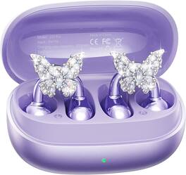 PRIMEPLUS - Clip-On Open Earbuds with Detachable Crystal Earrings, Bluetooth 5.4 Wireless Fashion Headphones, Comfort Earphones - Purple
