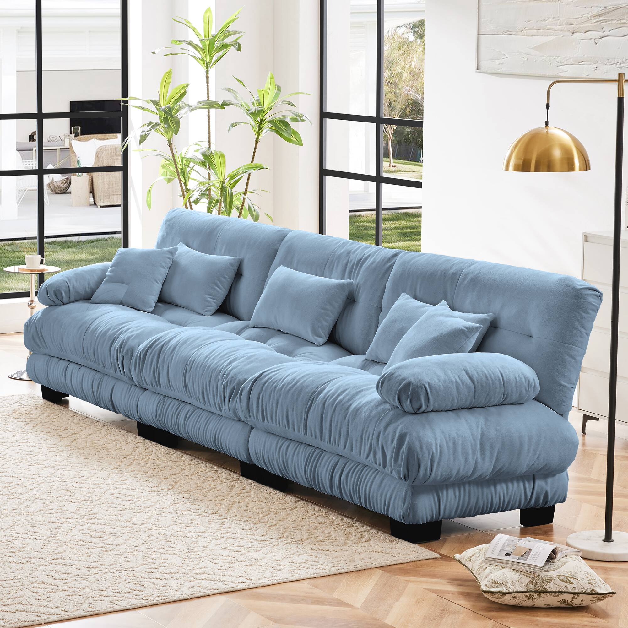 Angle. DOMETOUR - 3-Seater Sectional Sofa Modular Deep Seat Sofa Couch , Chenille Sofa Soft Comfy Upholstered Furniture for Living Room - Chenille Blue.