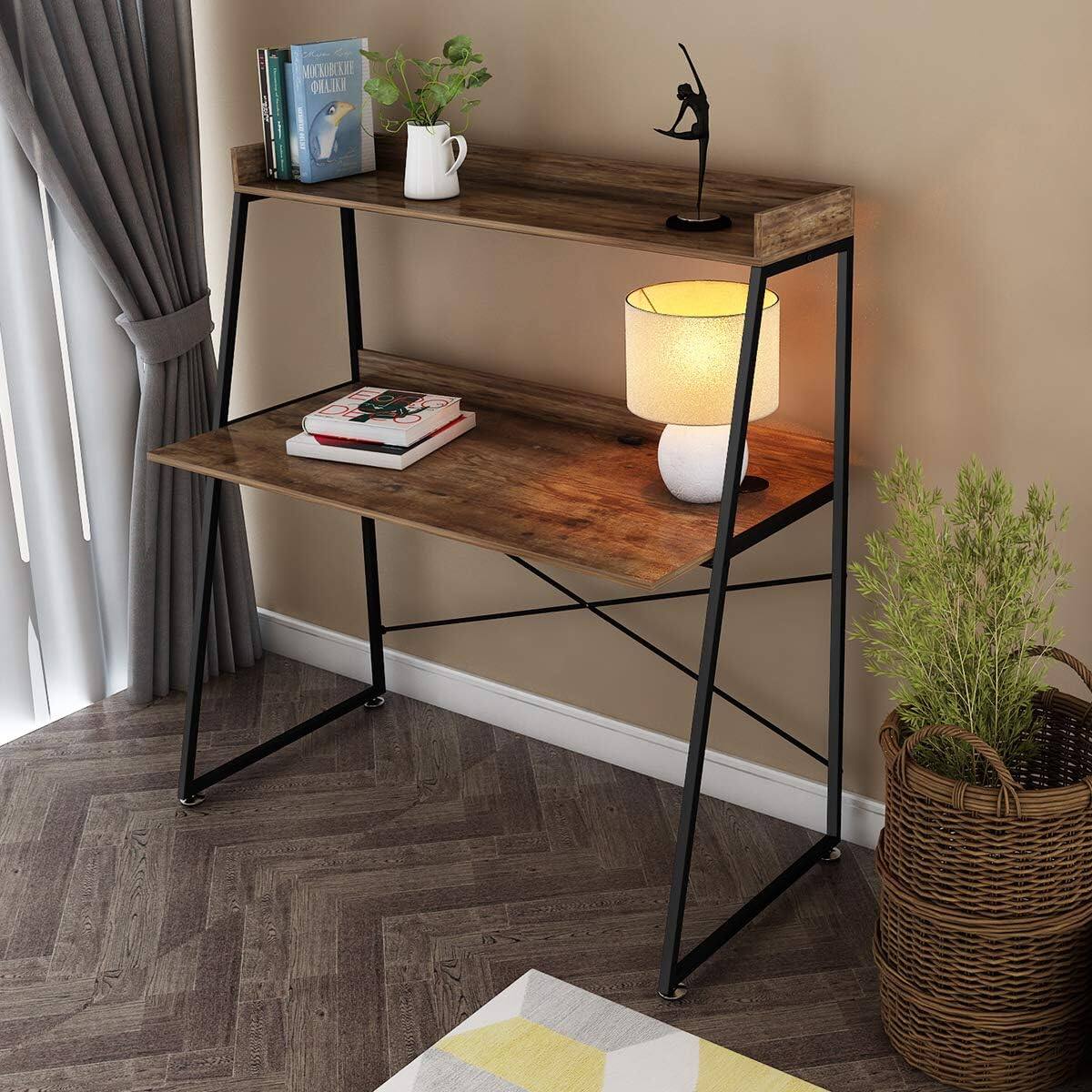 Angle. Eureka Ergonomic - 48" Ladder Computer Desk with 2-Tier Storage Shelves & Bookshelf - Archaize Brown.