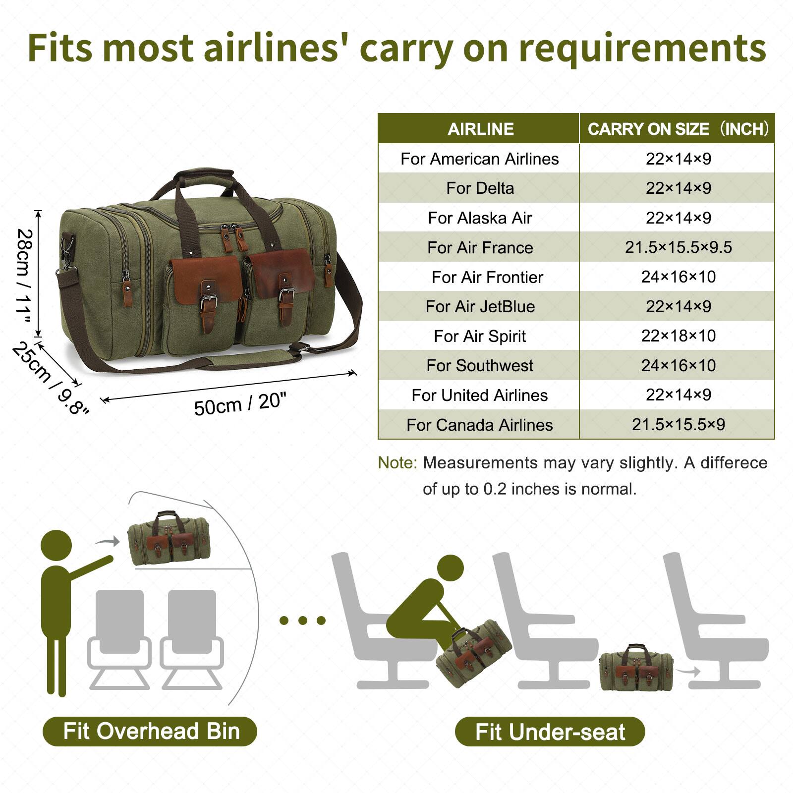 Fits most airlines' carry on requirements

AIRLINE | CARRY ON SIZE (INCH)

- For American Airlines | 22x14x9
- For Delta | 22x14x9
- For Alaska Air | 22x14x9
- For Air France | 21.5x15.5x9.5
- For Air Frontier | 24x16x10
- For Air JetBlue | 22x14x9
- For Air Spirit | 22x18x10
- For Southwest | 24x16x10
- For United Airlines | 22x14x9
- For Canada Airlines | 21.5x15.5x9

Note: Measurements may vary slightly. A difference of up to 0.2 inches is normal.

Fit Overhead Bin

Fit Under-seat