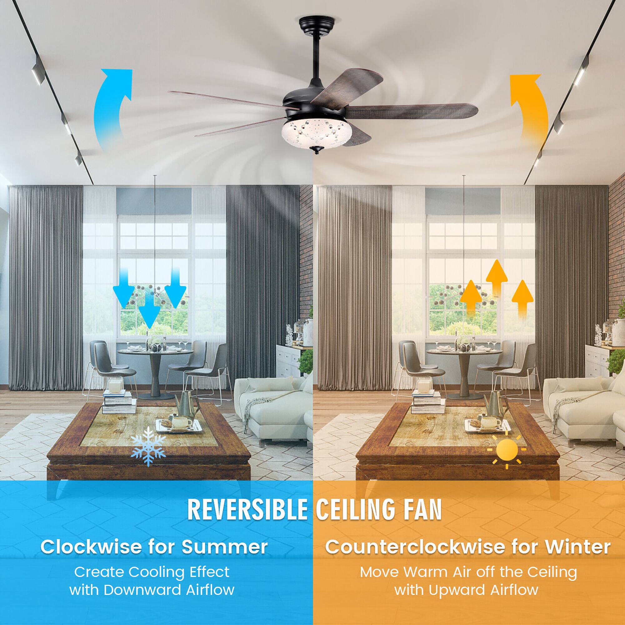 REVERSIBLE CEILING FAN

Clockwise for Summer  
Create Cooling Effect with Downward Airflow

Counterclockwise for Winter  
Move Warm Air off the Ceiling with Upward Airflow