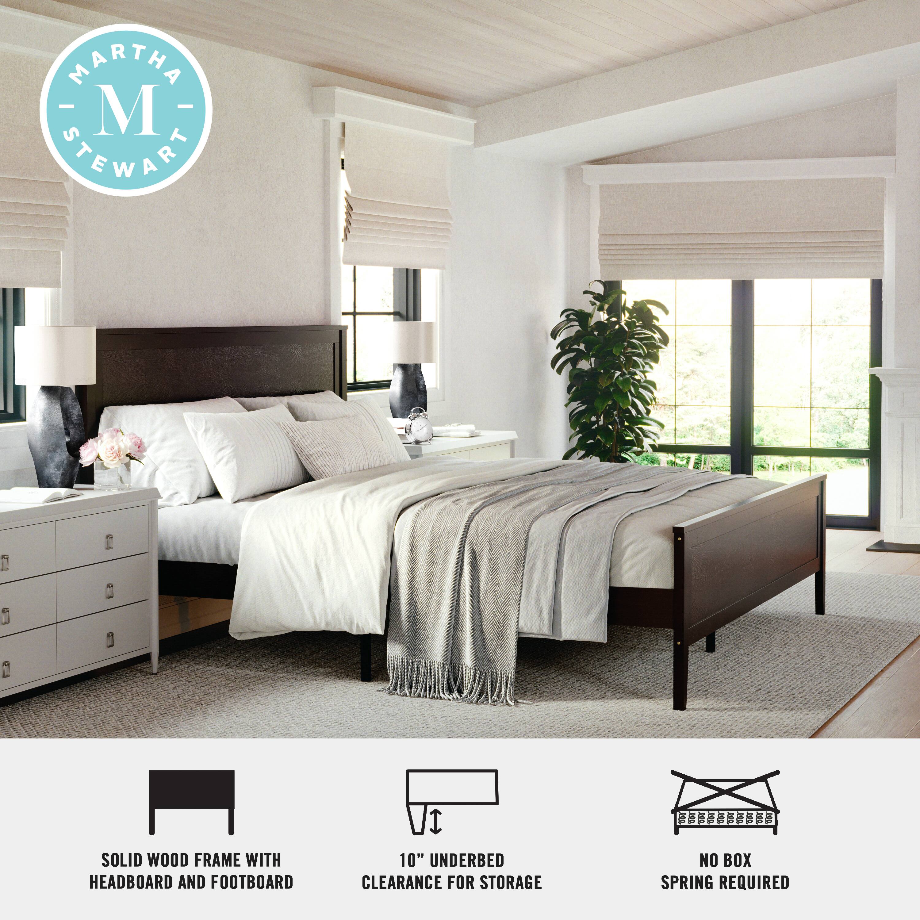 MARTHA STEWART SOLID WOOD FRAME WITH HEADBOARD AND FOOTBOARD JI 10" UNDERBED CLEARANCE FOR STORAGE NO BOX SPRING REQUIRED