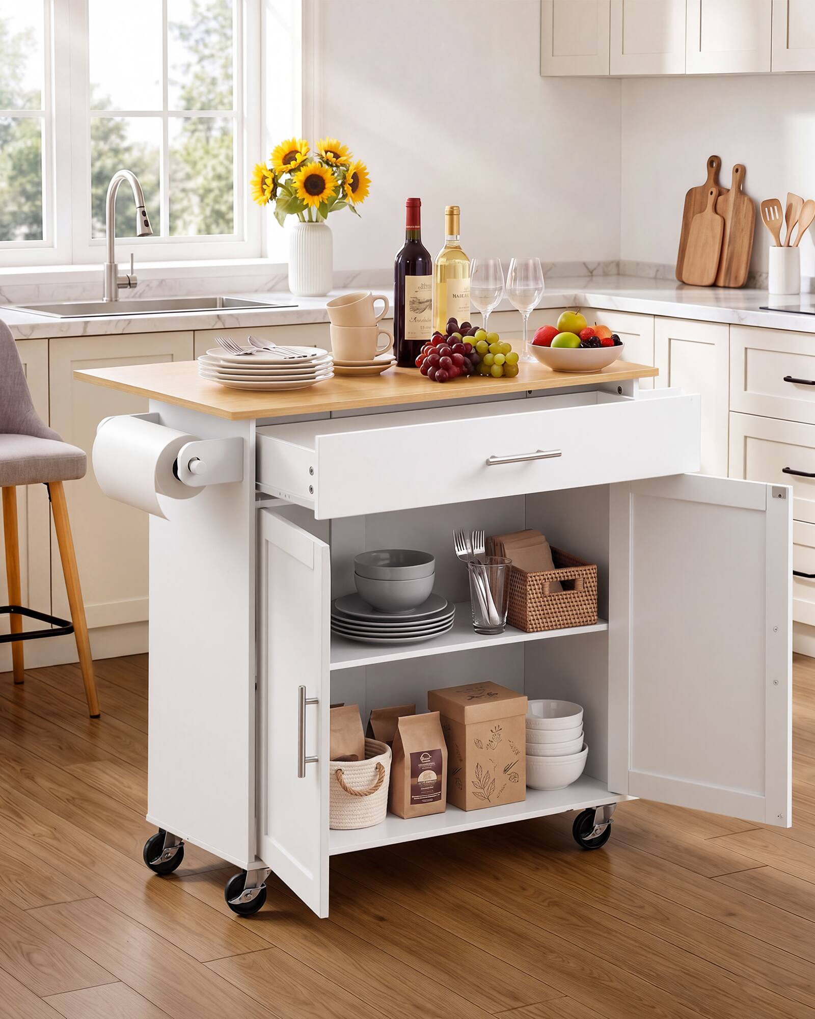 This image shows a kitchen cart with a wooden countertop.