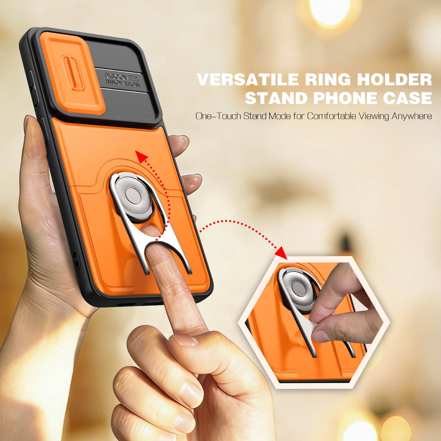 I DISCOVER INNOVATION A3N VERSATILE RING HOLDER STAND PHONE CASE One-Touch Stand Mode for Comfortable Viewing Anywhere