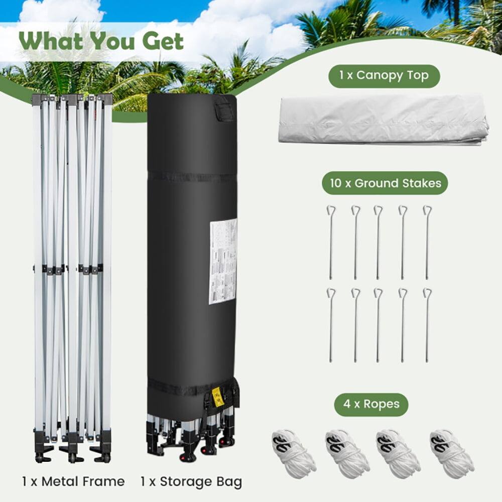 What You Get  
1 x Canopy Top  
10 x Ground Stakes  
4 x Ropes  
1 x Metal Frame  
1 x Storage Bag