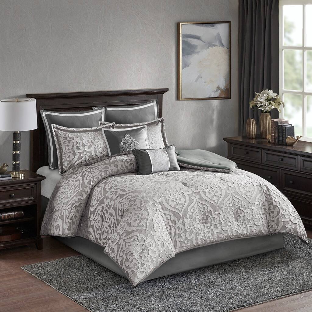 Front. TinyHomie - 8 Piece Jacquard Comforter Set Silver/Silver King - Silver and Silver.