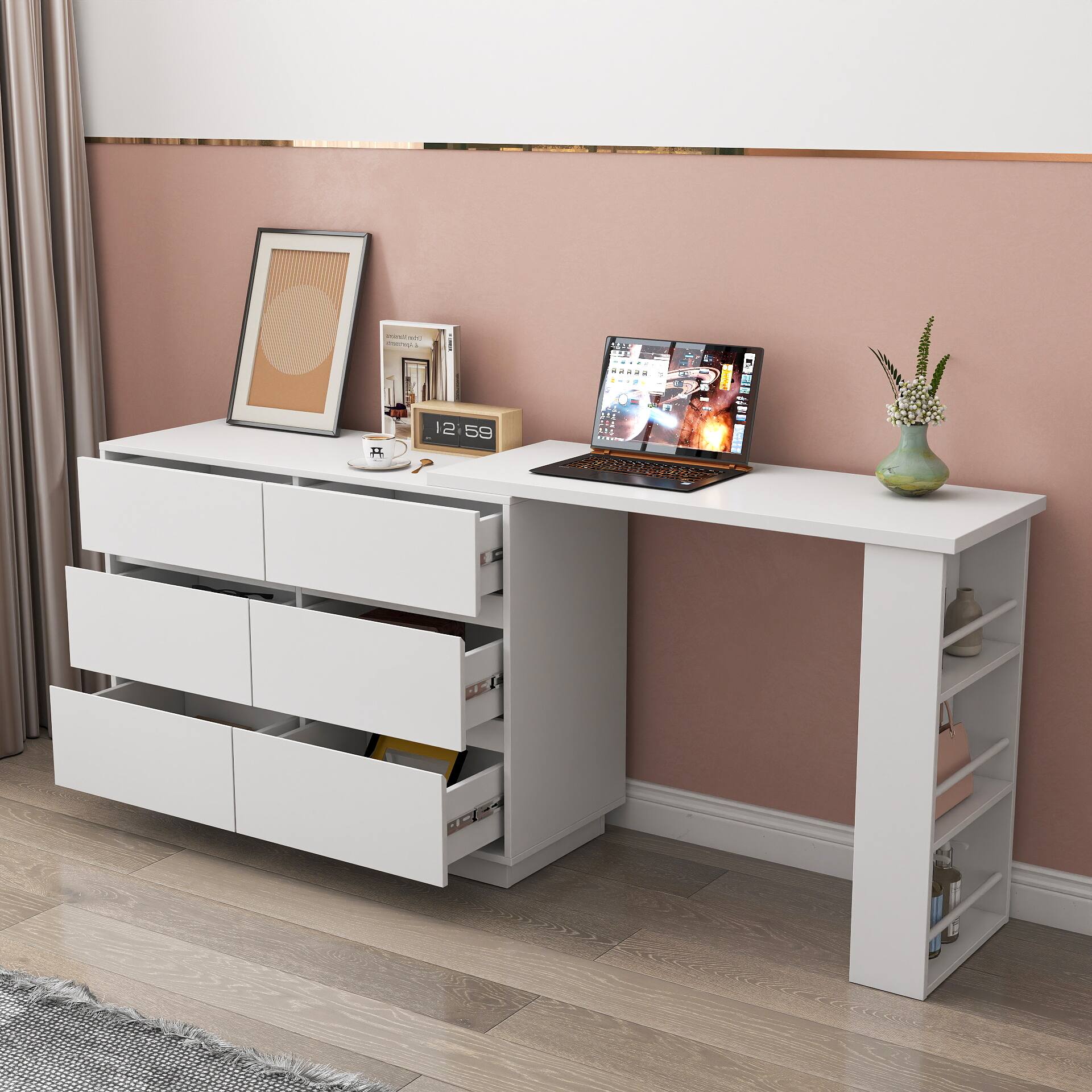 Back. Tiramisubest - L Shaped Computer Desk with Drawers,Modern Corner Home Office Desk with Reversible Storage Cabinet - White.