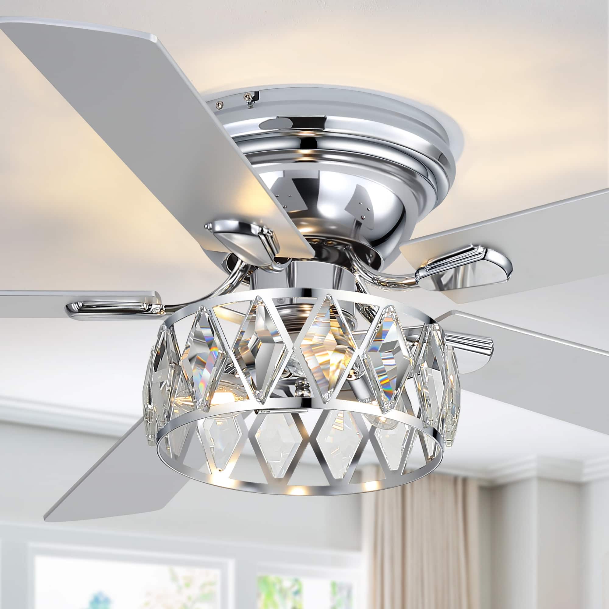 Front. Breezary - 52'' Flush Mount Ceiling Fan with Light Kit, Low Profile Indoor Crystal Fan, 5 Blades, 6-Speed DC Motor, Remote, Timer - Chrome with Silver Blades.