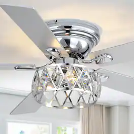 Breezary - 52'' Flush Mount Ceiling Fan with Light Kit, Low Profile Indoor Crystal Fan, 5 Blades, 6-Speed DC Motor, Remote, Timer - Chrome with Silver Blades