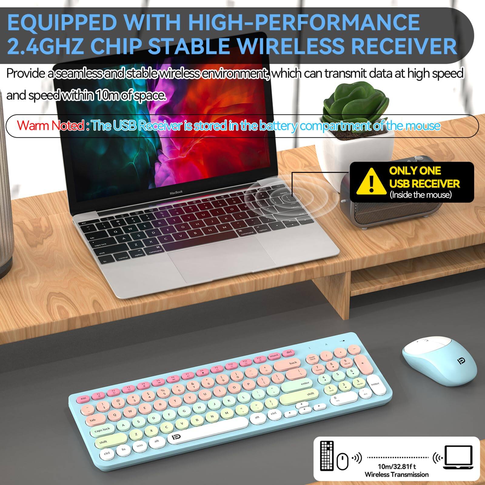 EQUIPPED WITH HIGH-PERFORMANCE 2.4GHZ CHIP STABLE WIRELESS RECEIVER

Provide a seamless and stable wireless environment, which can transmit data at high speed and speed within 10m of space.

Warm Noted: The USB Receiver is stored in the battery compartment of the mouse.

ONLY ONE USB RECEIVER (Inside the mouse)

10m/32.81ft Wireless Transmission