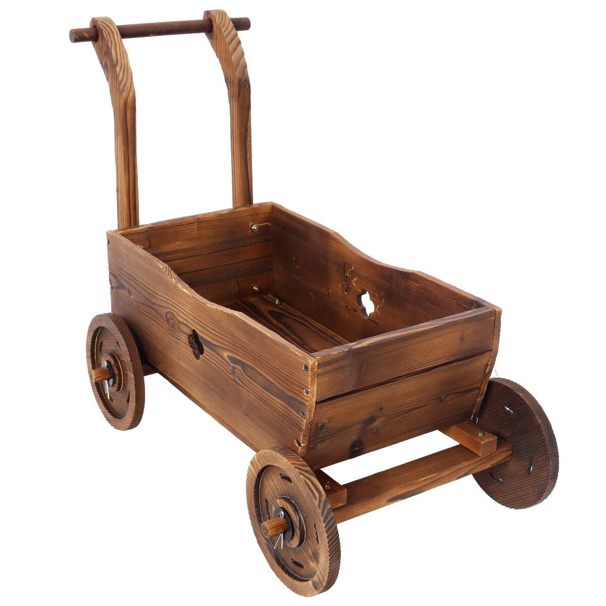 Angle. Loheer - Loheer Wooden Wagon Planter with Wheels, Carbonized Fir Wood Flower Cart with Handle and Drainage, Brown.