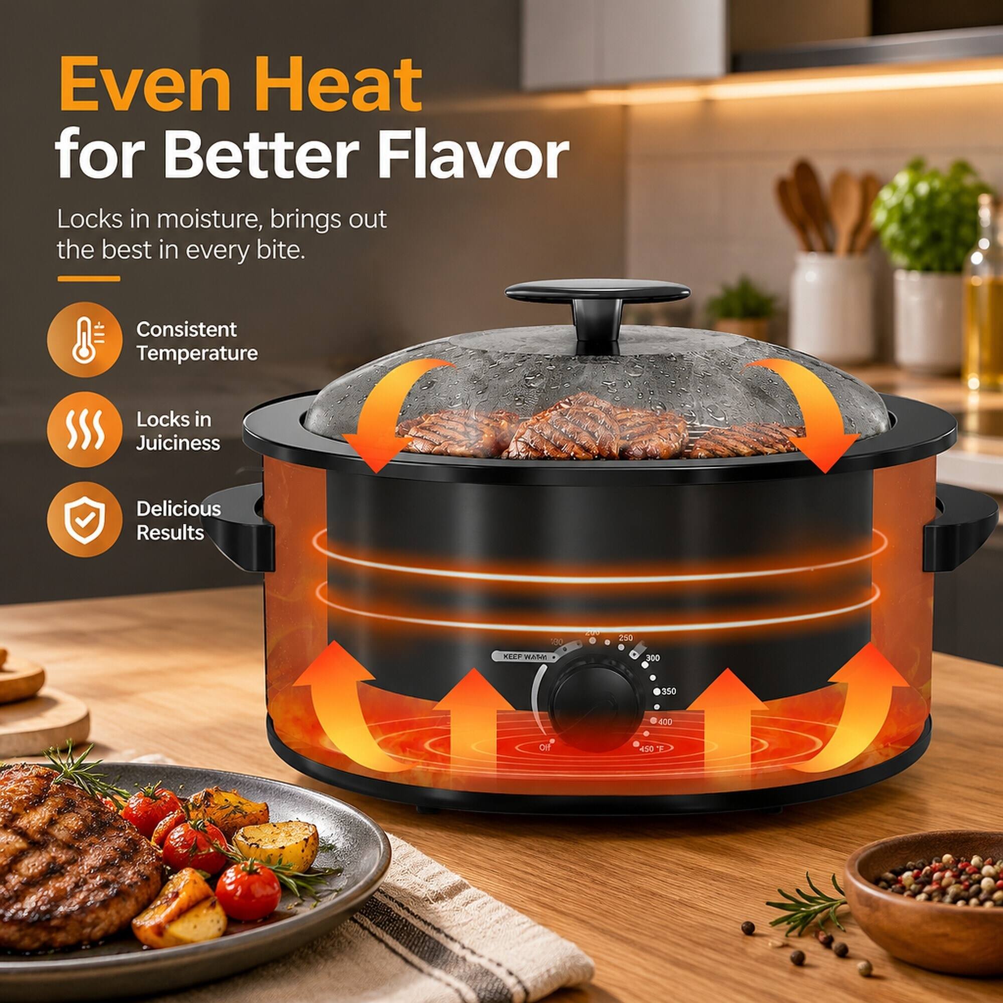 Even Heat for Better Flavor  
Locks in moisture, brings out the best in every bite.  

Consistent Temperature  
Locks in Juiciness  
Delicious Results  

280 KEEP WARM  
100%  
250  
300  
350  
400  
450 F