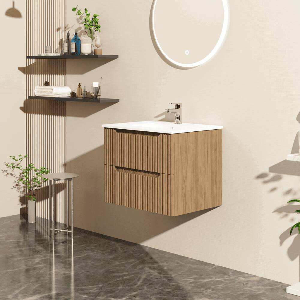 Alt View 1. Kadyn - 24" Wall-Mount Floating Bathroom Vanity Cabinet - White Basin Sink Combo, Walnut - Brown.