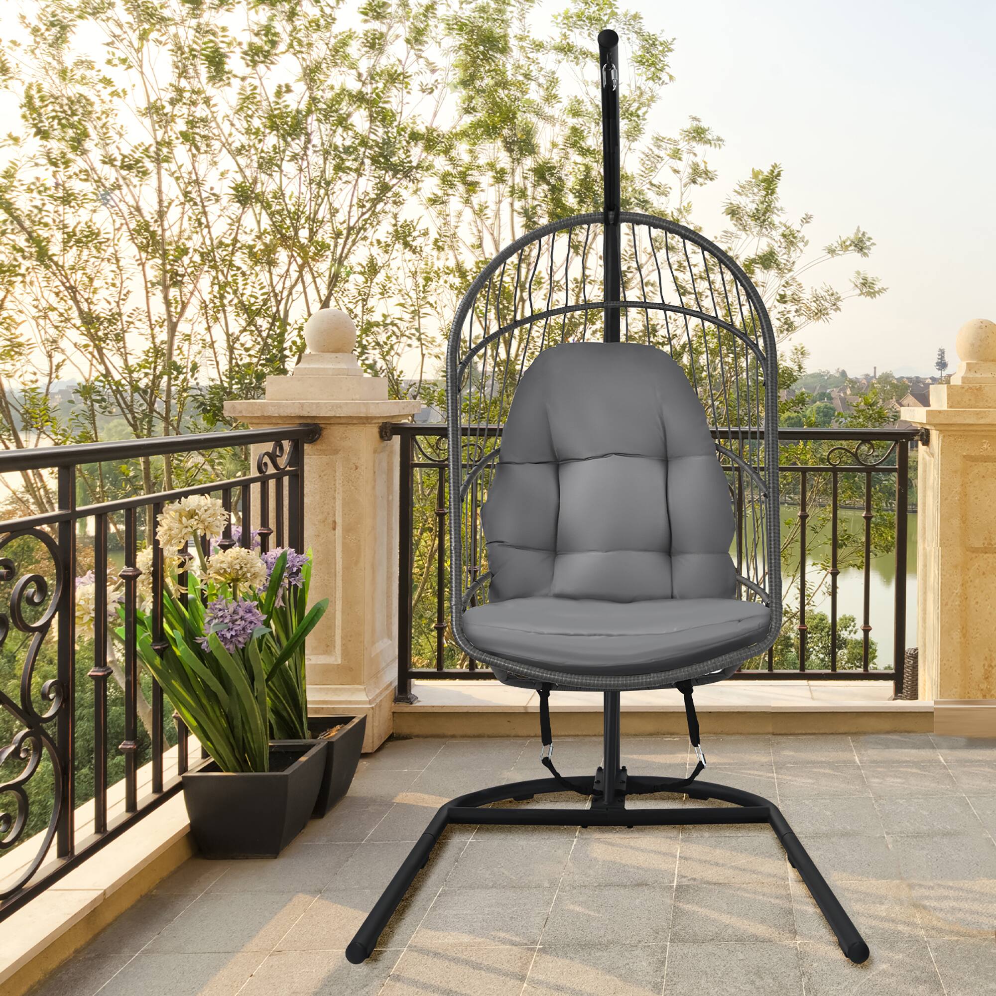 Alt View 2. Costway - Costway Hanging Wicker Egg Chair w/ Stand Cushion Foldable Outdoor Indoor - Gray.
