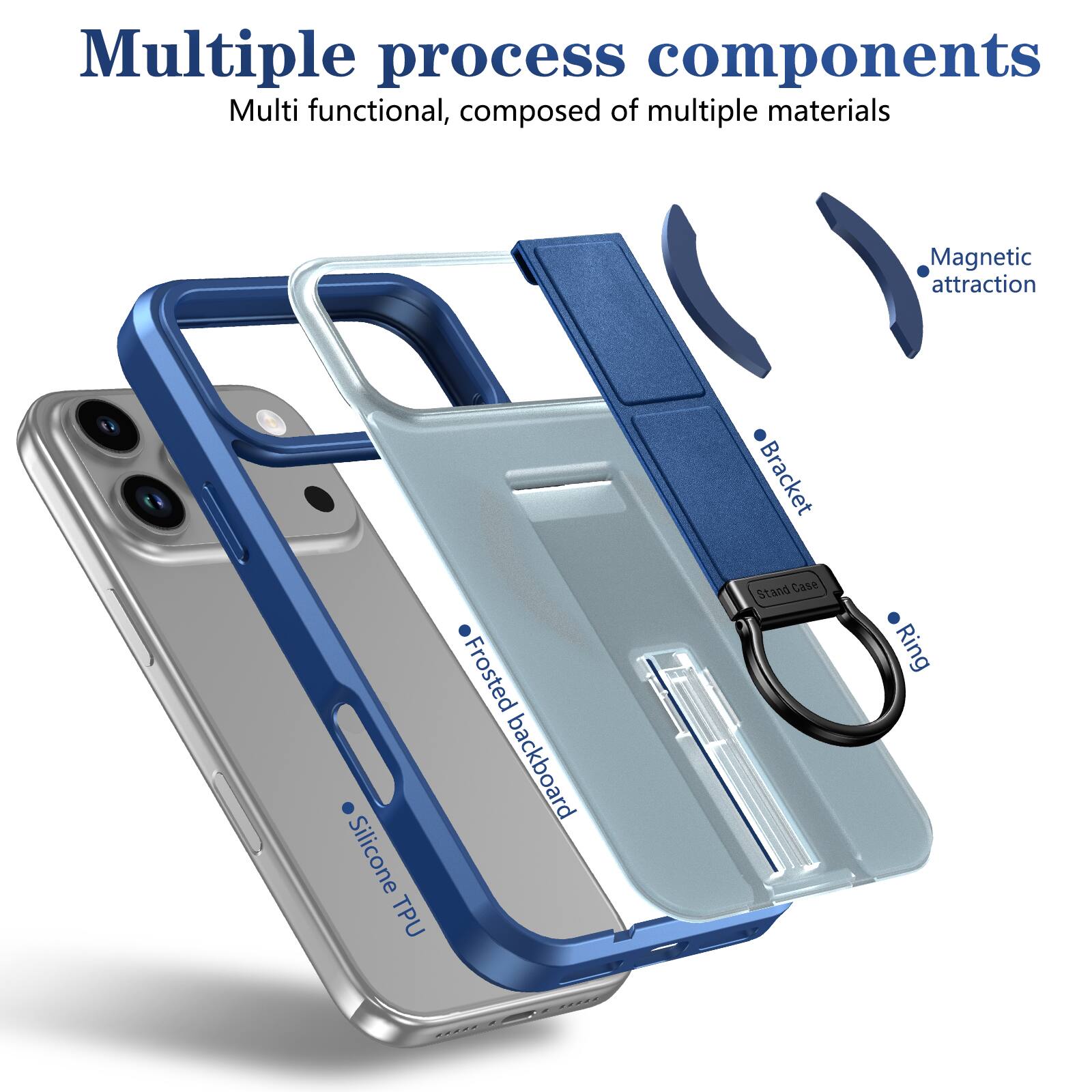 Multiple process components  
Multi functional, composed of multiple materials

- Magnetic attraction
- Bracket
- Stand Case
- Ring
- Frosted backboard
- Silicone TPU