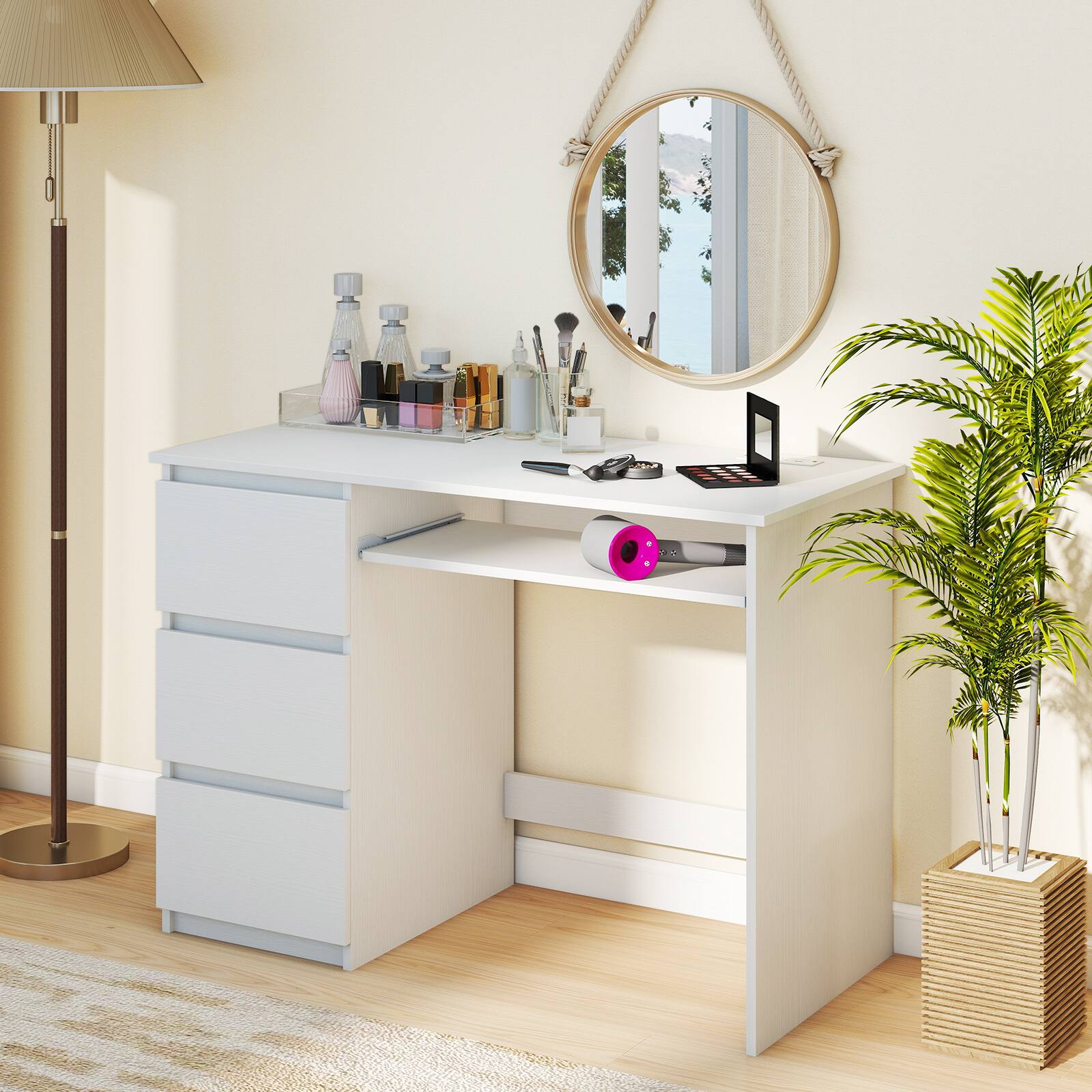 Angle. SlickBlue - Office Computer Desk with Built-In Power Outlet, Keyboard Tray, and 3 Drawers - White.