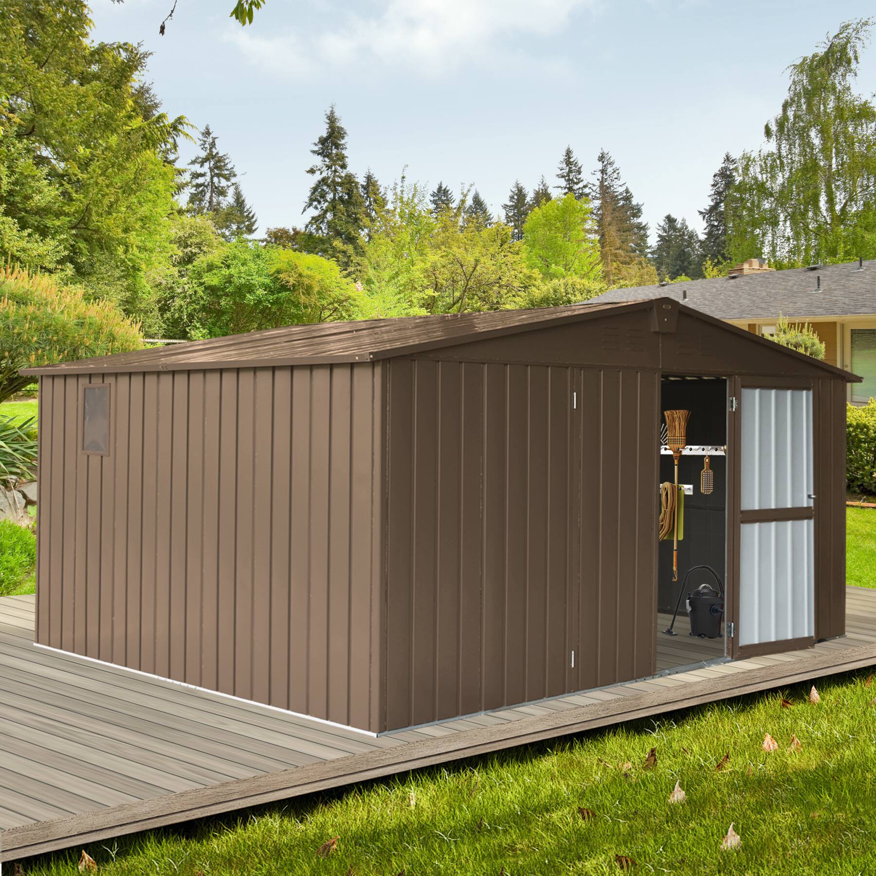 Angle. Mondawe - 11x12.5FT Metal Garden Storage Shed with Windows and Lockable Door - Brown.