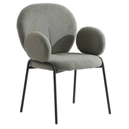 LeisureMod - Celestial Modern Boucle Dining Chair with Arms, Textured Fabric Upholstered Armchair - Black Metal Frame Kitchen Chair - Green