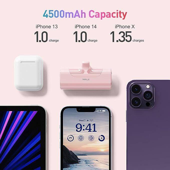 4500mAh Capacity

iPhone 13: 1.0 charge  
iPhone 14: 1.0 charge  
iPhone X: 1.35 charges  

WALK  

Wed 7 * 70* 9:41  
PAR  
G:41 7:22 P PM