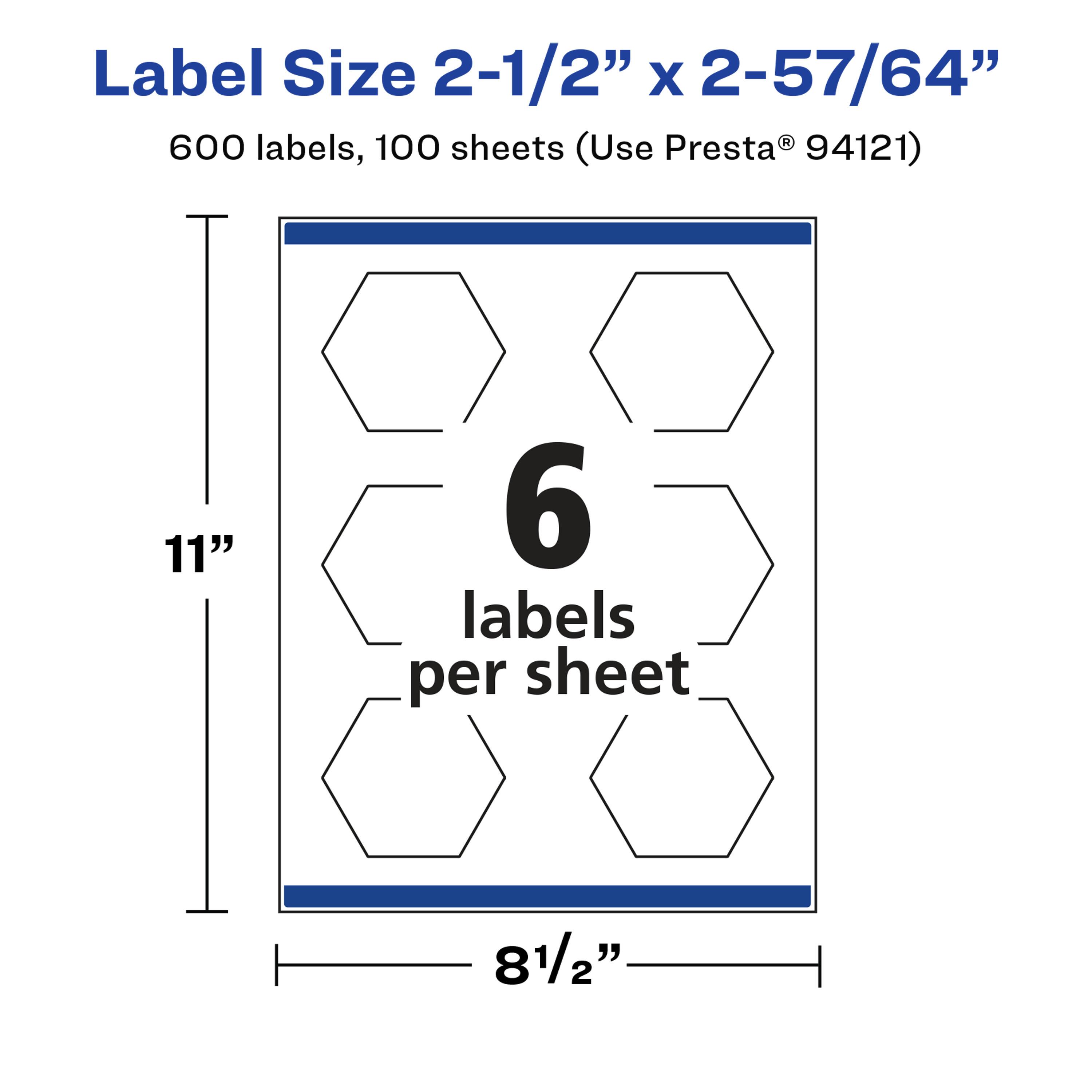 Label Size 2-1/2" x 2-57/64"  
600 labels, 100 sheets (Use Presta® 94121)  
11"  
6 labels per sheet  
8 1/2"