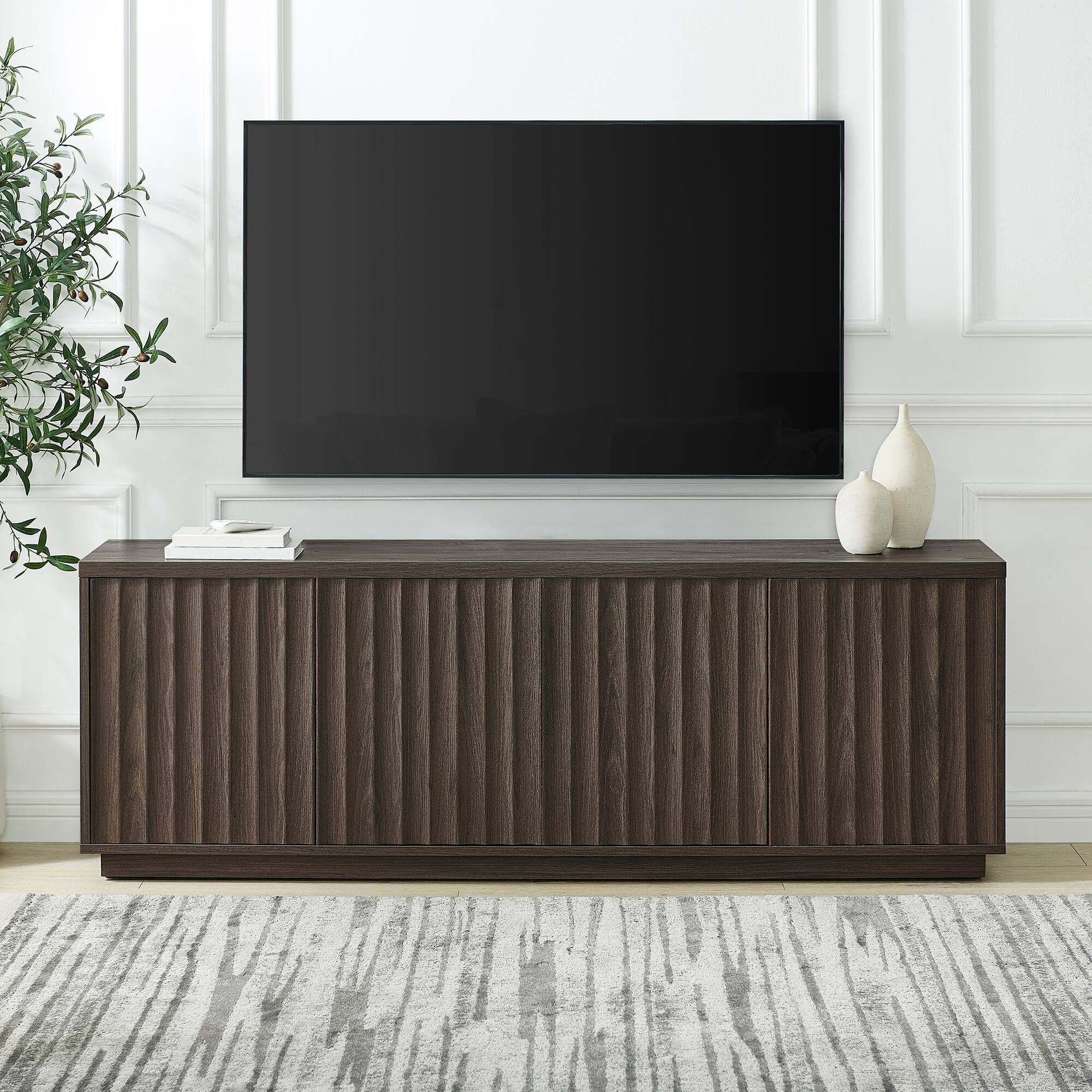 Alt View 2. Hudson&Canal - Bourne Rectangular Fluted TV Stand for TV's up to 75" in Brown Oak - Brown Oak.