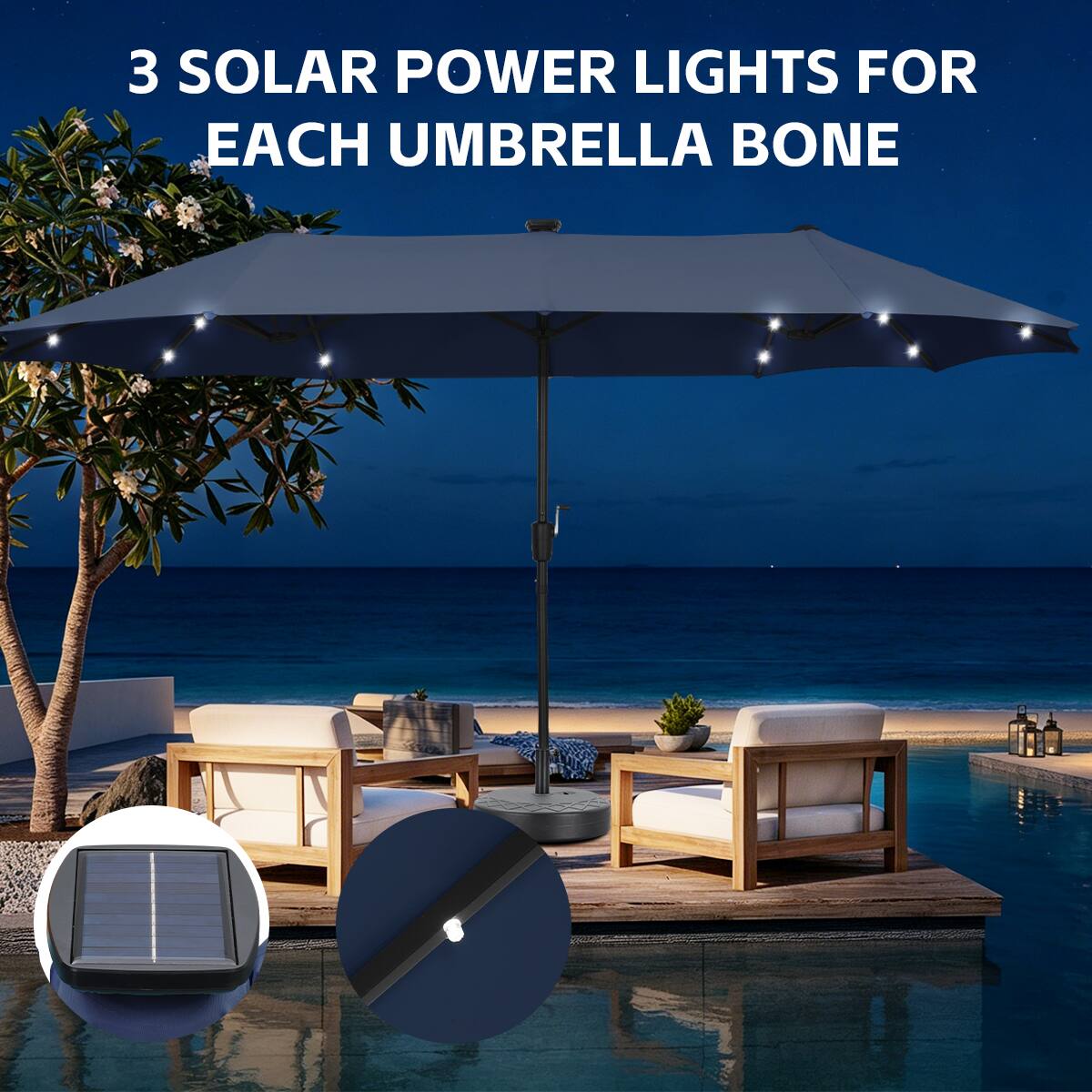 3 SOLAR POWER LIGHTS FOR EACH UMBRELLA BONE