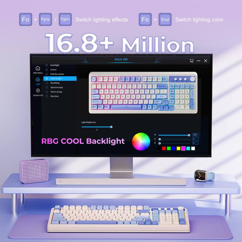 Fn + PgUp / PgDn Switch lighting effects  
Fn + End Switch lighting color  

16.8+ Million  

AULA 599 | x Ambilight  

Menu  
- Comet  
- Pull the curtain  
- Often bright  
- Breathing  
- Spectroscopy  
- Horse racing  
- Reaction  

Light Brightness  

RGB COOL Backlight