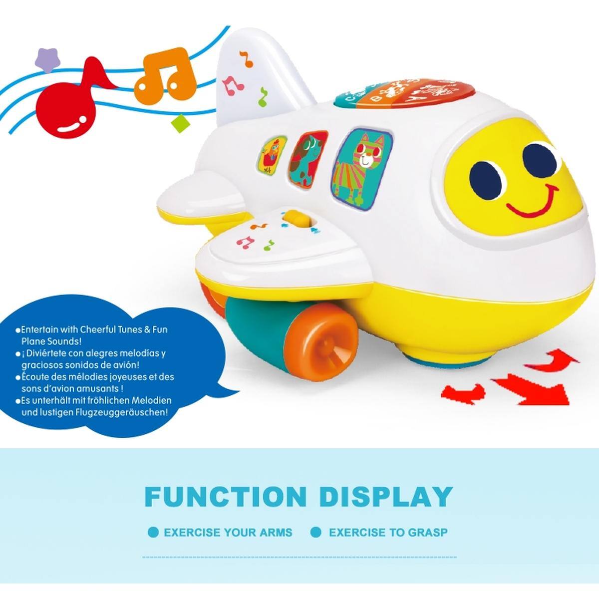 Entertain with Cheerful Tunes & Fun Plane Sounds!  
- Divertite con alegres melodías y graciosos sonidos de avión!  
- Ecoute des mélodies joyeuses et des sons d'avion amusants!  
- Es unterhält mit fröhlichen Melodien und lustigen Flugzeuggeräuschen!  

FUNCTION DISPLAY  
- EXERCISE YOUR ARMS  
- EXERCISE TO GRASP