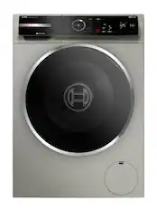 A Bosch washing machine with a digital display and a round window on the door. The machine has a timer and a control panel with buttons. The display shows the time remaining for the wash cycle.